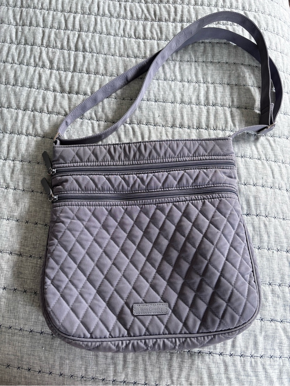 Vera Bradley Triple Zip cross body in quilted Carbon Gray.